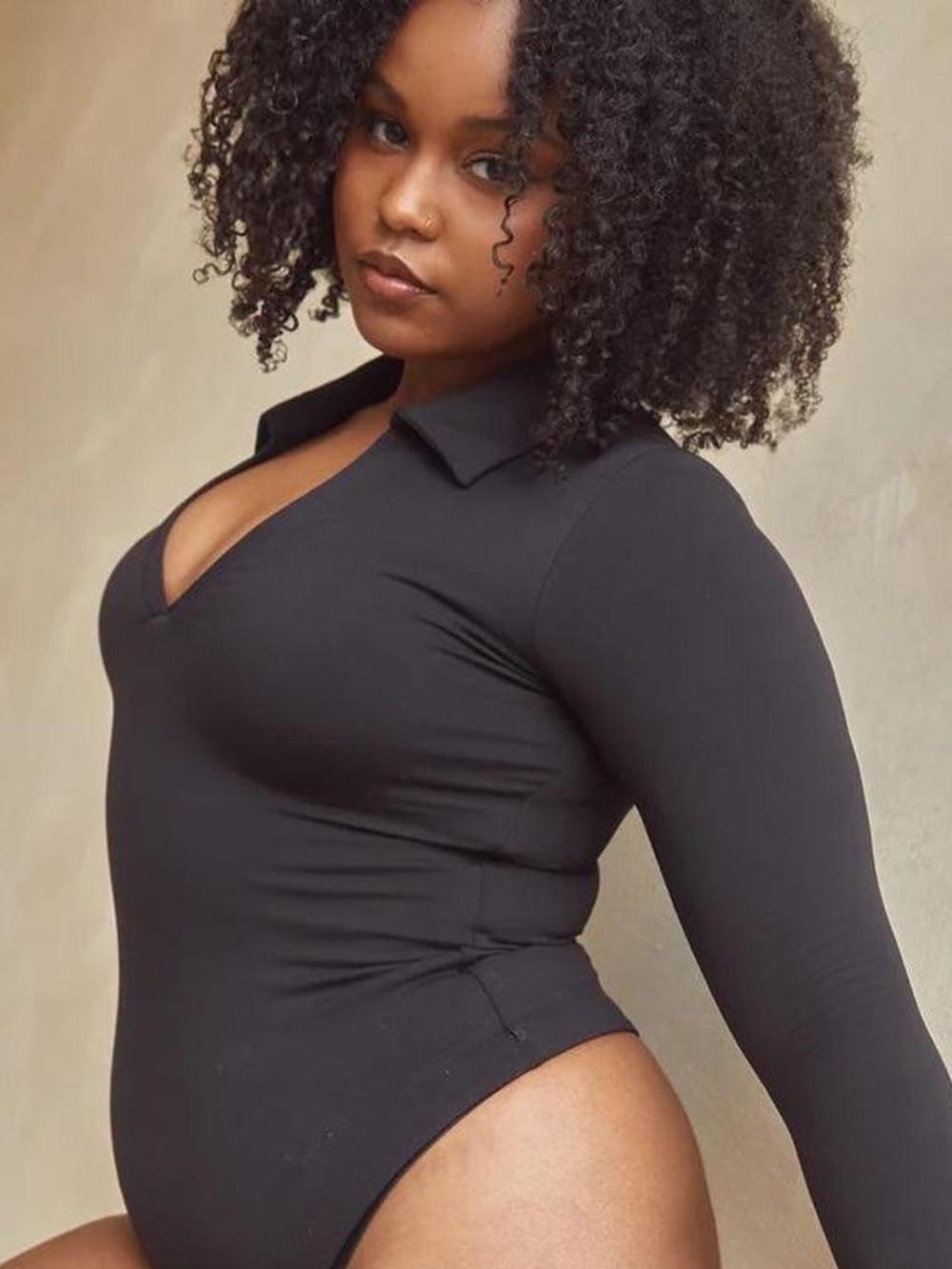 Klassy Network Brami - Black Long-Sleeve Collared V-Neck Bodysuit - Size M